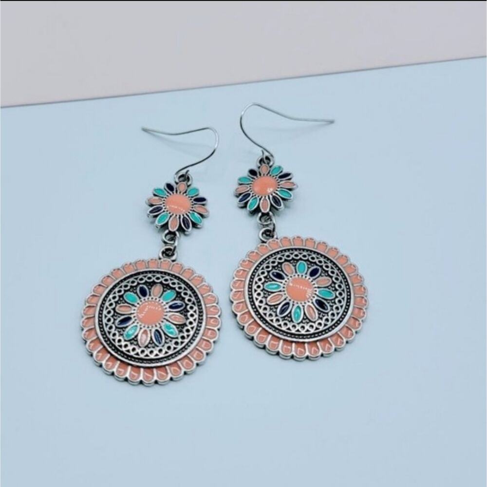 Flower sun medallion boho earrings pink